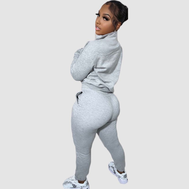 Zipper Sweatshirt & Drawstring Waist Pants Set Brown / 2XL