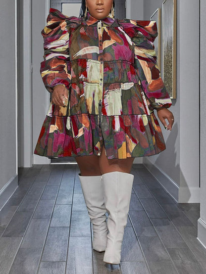 All Over Print Puff Sleeve Shirt Mini Dress Multicolor / 4XL