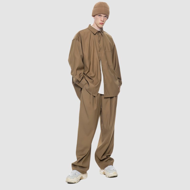 Loose Simple Shirt Set Pants / Khaki / L
