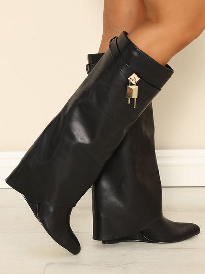 Lock & Key Leather Wedge Heel Boots Black / 7.5/8