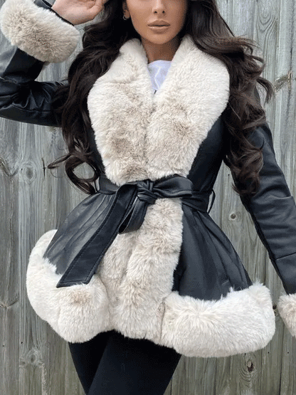 Fuzzy PU Leather Jacket with Belt Beige / 4XL