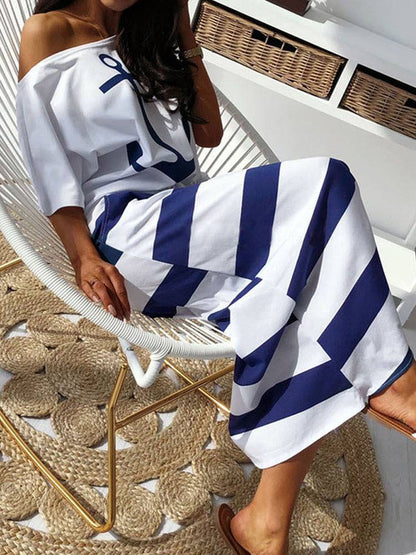 Print Off Shoulder Striped Skirt Set White / M