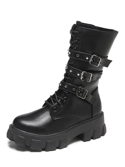 Eyelet Buckled Zipper Platform Boots Black / 6
