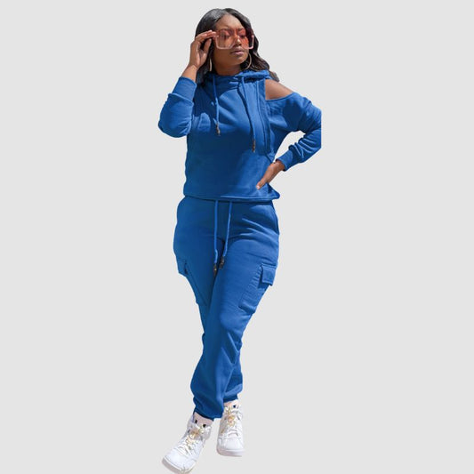 Off Shoulder Hoodies & Pocket Patchwork Pant Set Yellow / S
