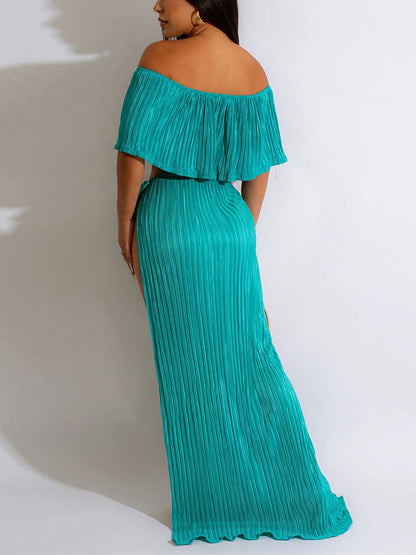 Off Shoulder Top Split Skirt Blue / M