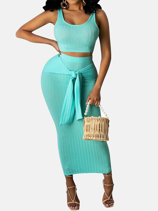 Tank Top & Tie Up Skirt Light Green / S