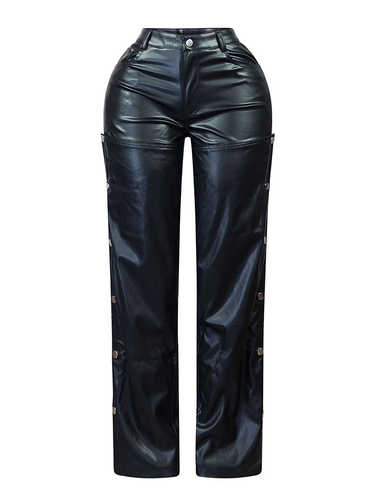 PU Cutout Button Pants Black / XL