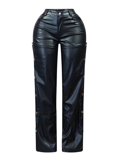 PU Cutout Button Pants Black / XL
