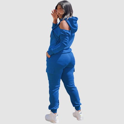 Off Shoulder Hoodies & Pocket Patchwork Pant Set Yellow / M