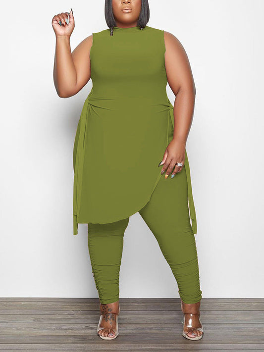 Asymmetrical Top Ruched Pants Set Army Green / L