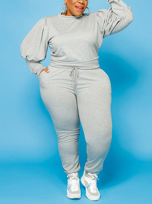 Solid Top Drawstring Pants Set Light Gray / XL