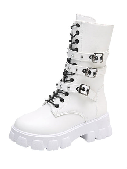 Eyelet Buckled Zipper Platform Boots White / 9/9.5