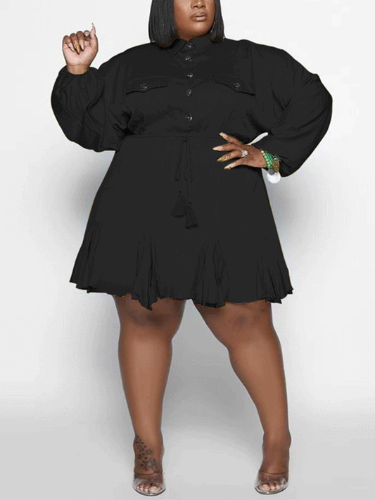 Turndown Collar Button Mini Dress Black / XL