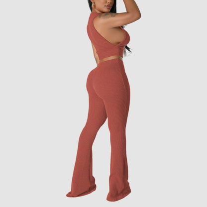 Solid Color Ribbed Knit Vest Set Black / M