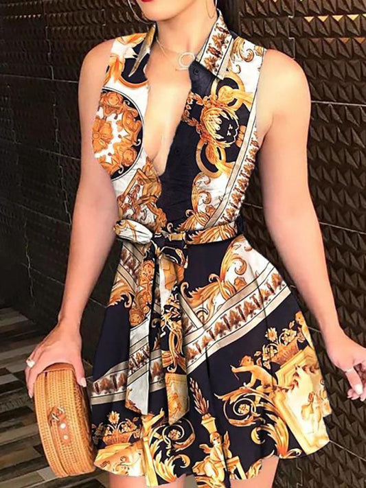 Printed V Neck Belt Dress Black Yellow / M