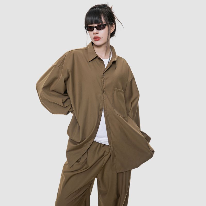 Loose Simple Shirt Set Pants / Khaki / 2XL