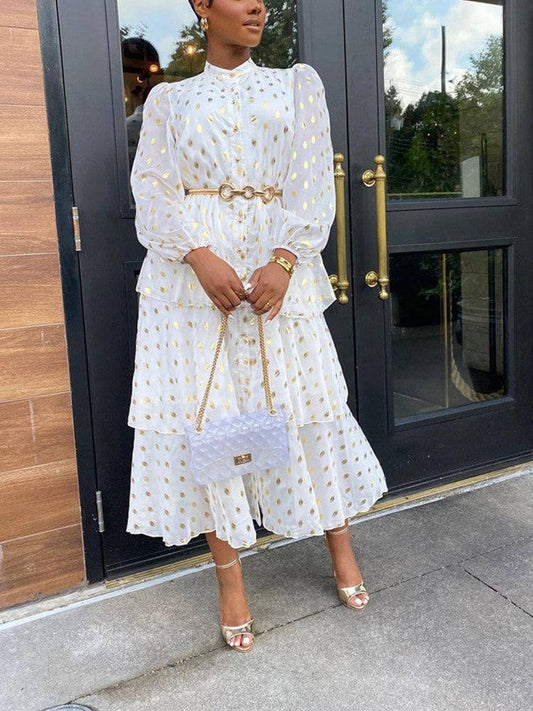 Women's Elegant Polka Dot Ruffle Dress White / S