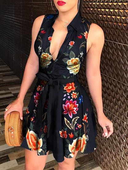 Printed V Neck Belt Dress Black Yellow / L