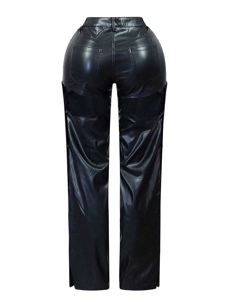 PU Cutout Button Pants Black / 2XL