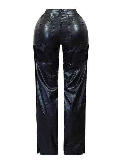 PU Cutout Button Pants Black / 2XL