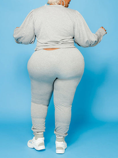 Solid Top Drawstring Pants Set Light Gray / 2XL