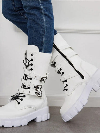 Eyelet Buckled Zipper Platform Boots White / 8.5