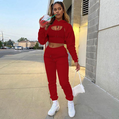 Hollow Out Hoodies & Drawstring Waist Pant Set Black / L