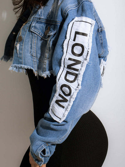Letter Print Denim Jacket Blue / 2XL