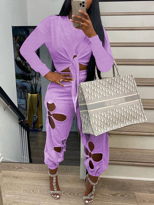 Tie Top Cutout Pants Set Purple / S
