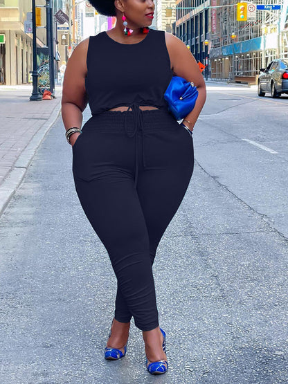 Sleeveless Top Pants Set Black / 3XL