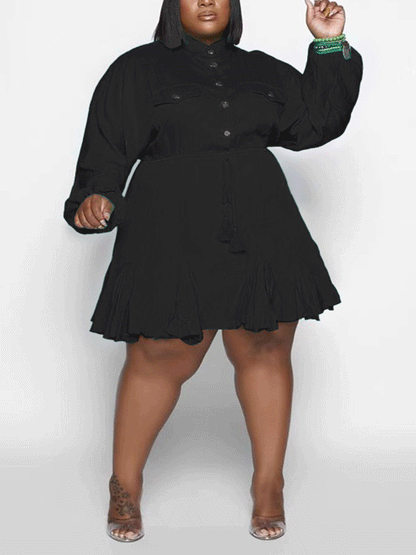Turndown Collar Button Mini Dress Black / 2XL