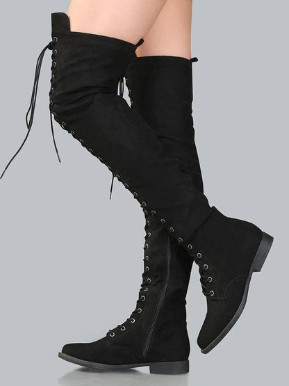 Lace Up Flat Suede Boots Black / 10