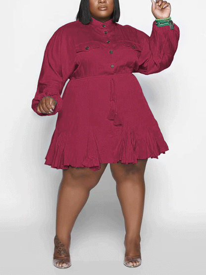 Turndown Collar Button Mini Dress Lake Blue / XL
