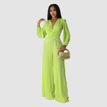 Pleated Long Sleeve Jumpsuits Blue / 2XL
