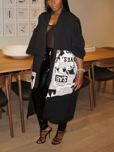 Mesh Newspaper Patchwork Loose Coat Black / XL