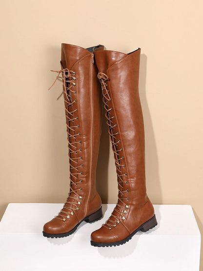 Lace Up Leather Over The Knee Boots Brown / 6.5/7