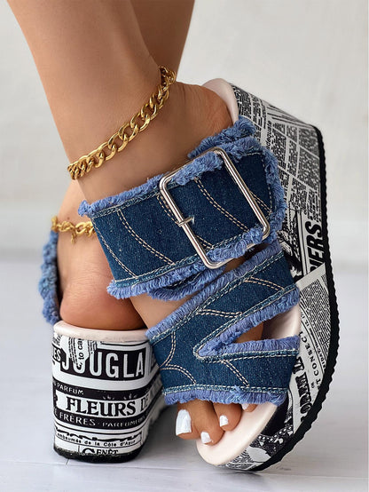 Denim Wedge Sandals Light Blue / 7.5/8