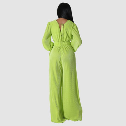 Pleated Long Sleeve Jumpsuits Green / S
