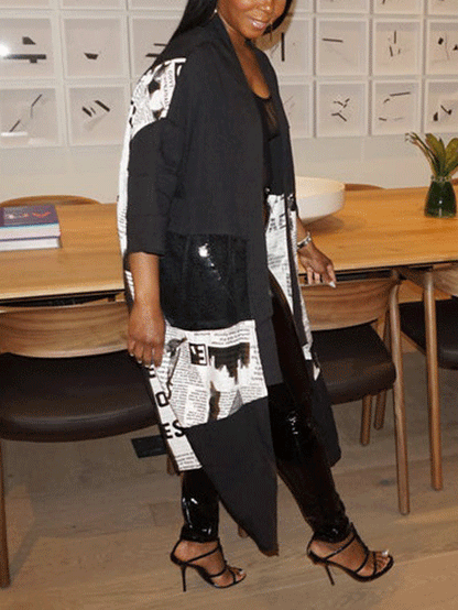Mesh Newspaper Patchwork Loose Coat Black / 5XL