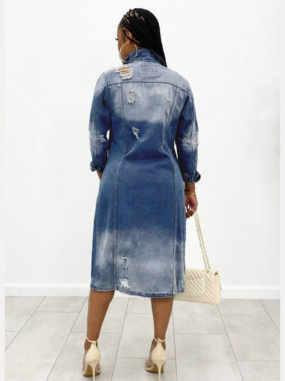 Turndown Collar Ripped Denim Coats Dark Blue / M