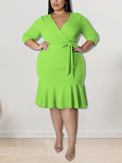 Half Sleeve Ruffle Fishtail Dress Green / 5XL