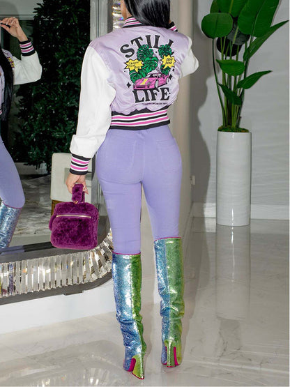 Letter Cropped Varsity Jacket Light Purple / S