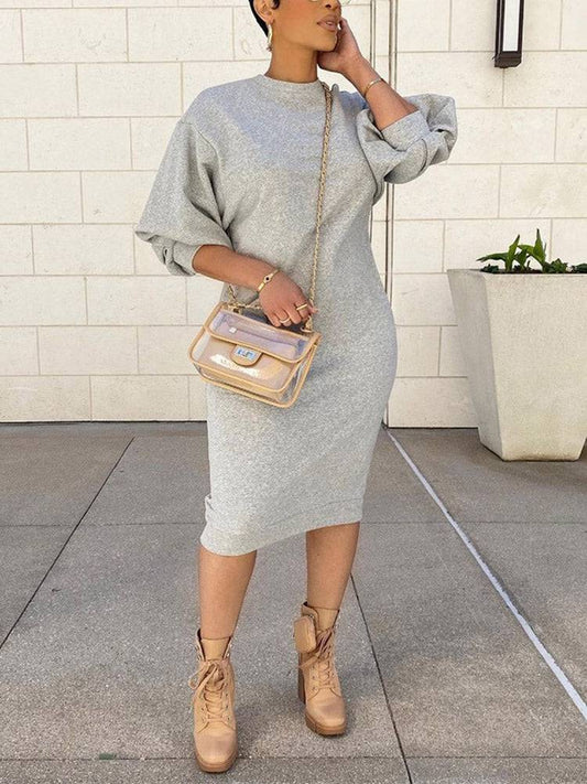 Three-Quarter Sleeve Midi Dress Gray / S
