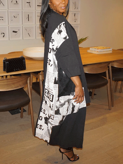 Mesh Newspaper Patchwork Loose Coat Black / 3XL