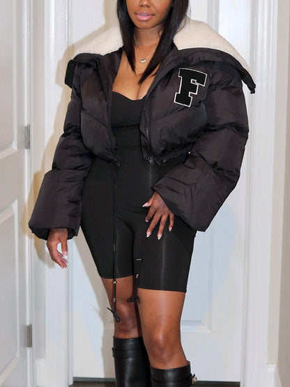 Letter Embroidery Puffer Jacket Black / L