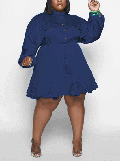 Turndown Collar Button Mini Dress Rose / 4XL