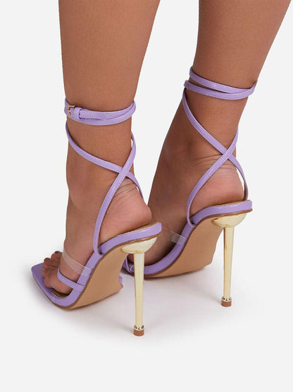 Square Toe Ankle Strap Metallic Heels Purple / 8.5