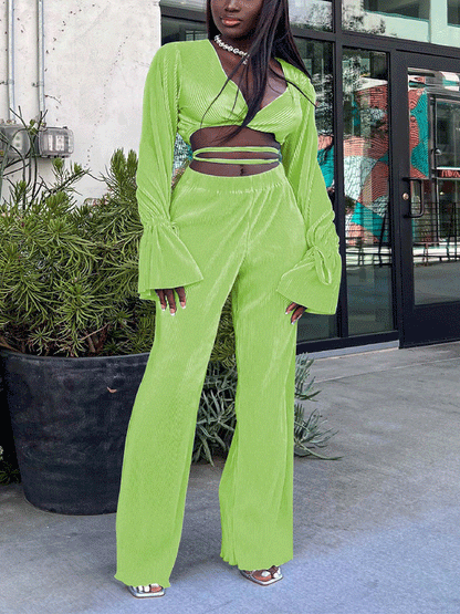 Flare Sleeve Crop Top & Wide Leg Pants Yellow / S
