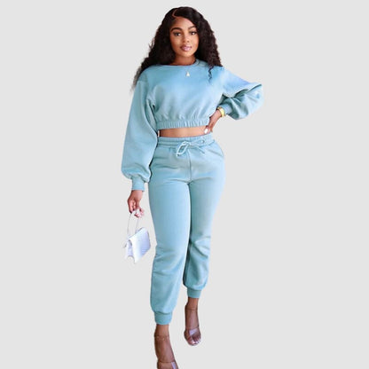 Crew Neck Crop Top & Drawstring Pant Set Blue / XL