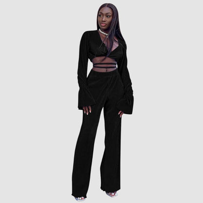 V-Neck Tie Up Top & Pleated Wide Leg Pant Set Yellow / S